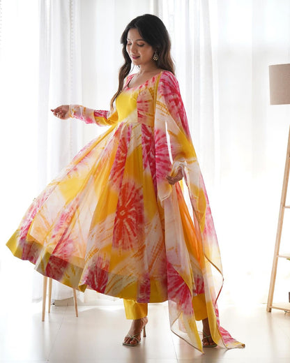 Yellow Red Tabby Silk Organza Anarkali Suit Set with Dupatta