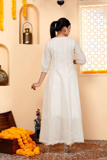 Embroidered Cotton Gown Kurta and Pant Set with Mulmul Dupatta