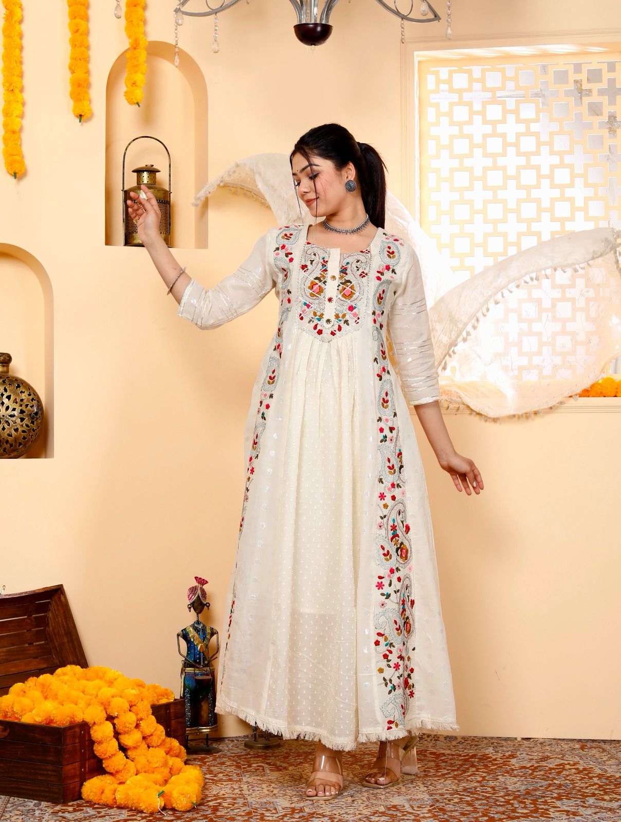 Embroidered Cotton Gown Kurta and Pant Set with Mulmul Dupatta