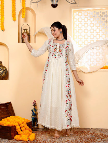 Embroidered Cotton Gown Kurta and Pant Set with Mulmul Dupatta