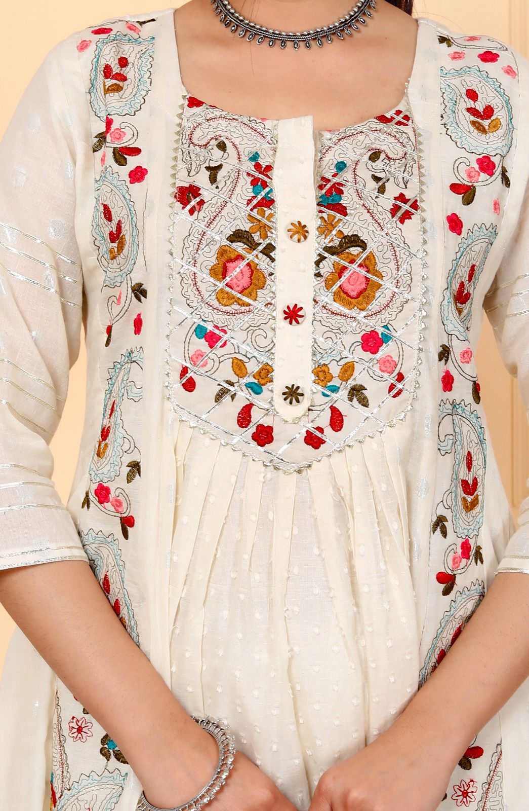 Embroidered Cotton Gown Kurta and Pant Set with Mulmul Dupatta