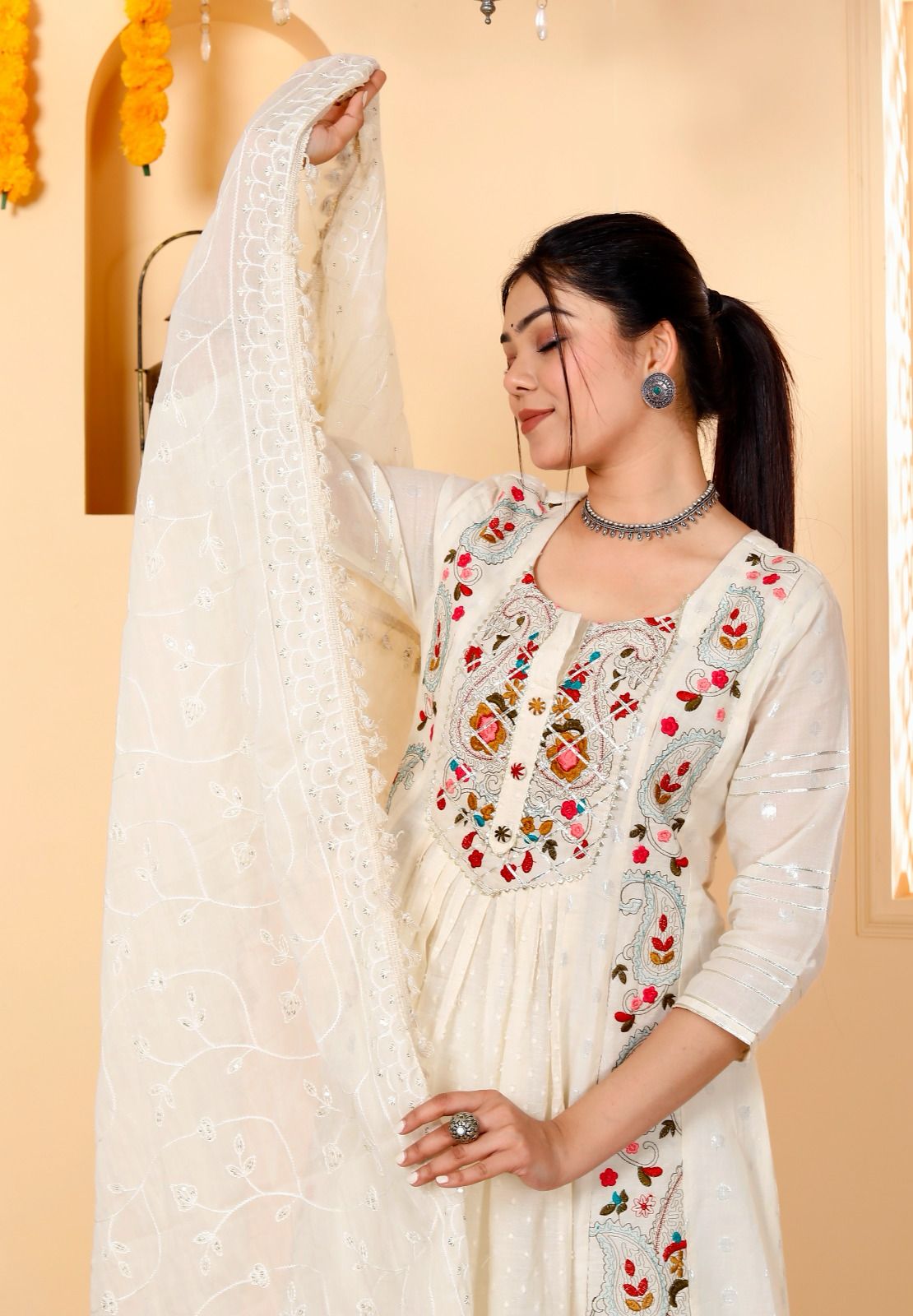 Embroidered Cotton Gown Kurta and Pant Set with Mulmul Dupatta