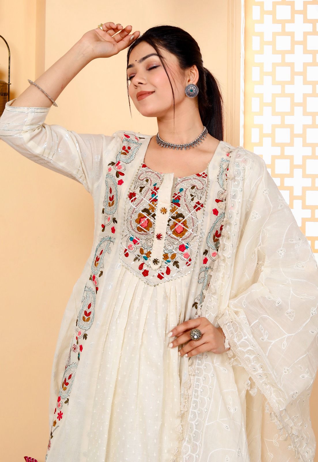 Embroidered Cotton Gown Kurta and Pant Set with Mulmul Dupatta