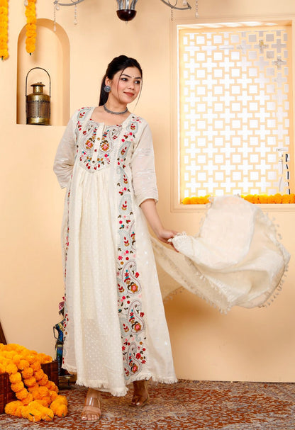 Embroidered Cotton Gown Kurta and Pant Set with Mulmul Dupatta