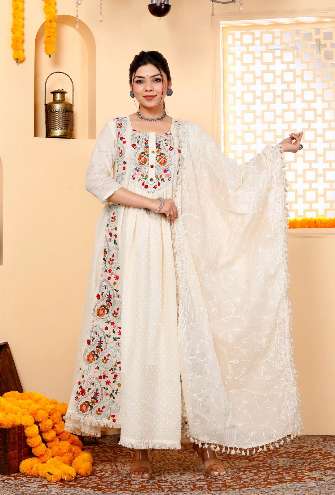 Embroidered Cotton Gown Kurta and Pant Set with Mulmul Dupatta