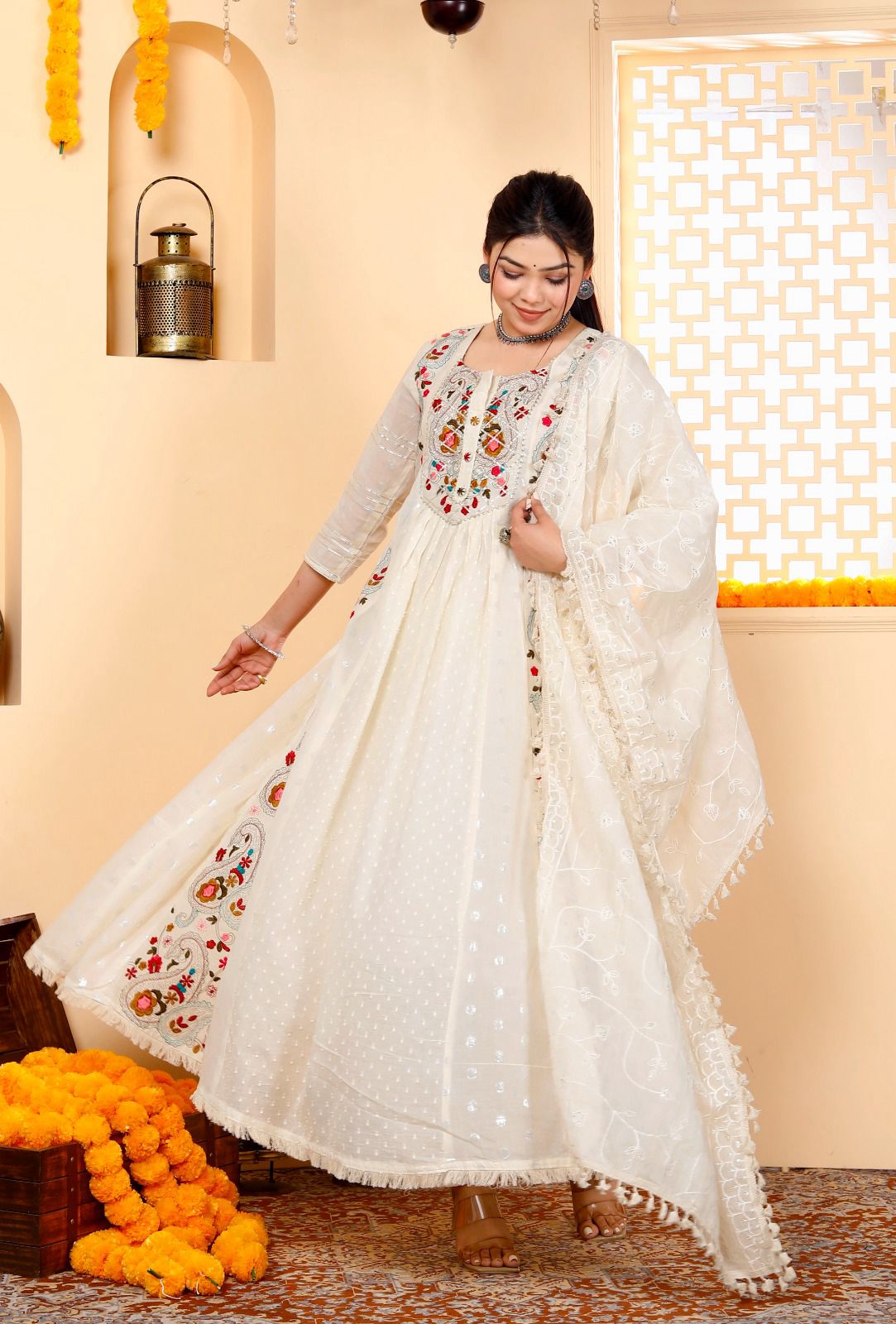 Embroidered Cotton Gown Kurta and Pant Set with Mulmul Dupatta