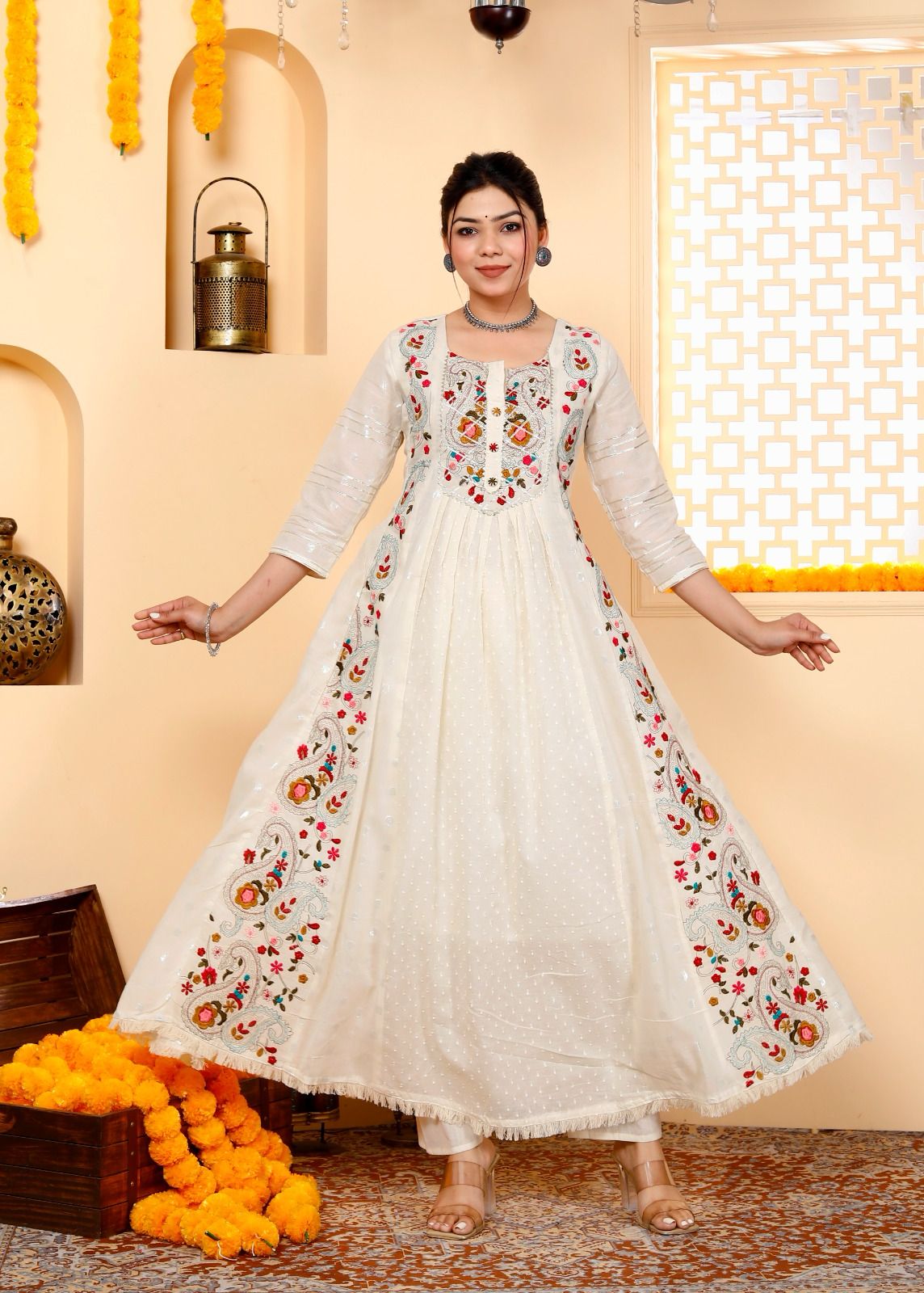 Embroidered Cotton Gown Kurta and Pant Set with Mulmul Dupatta