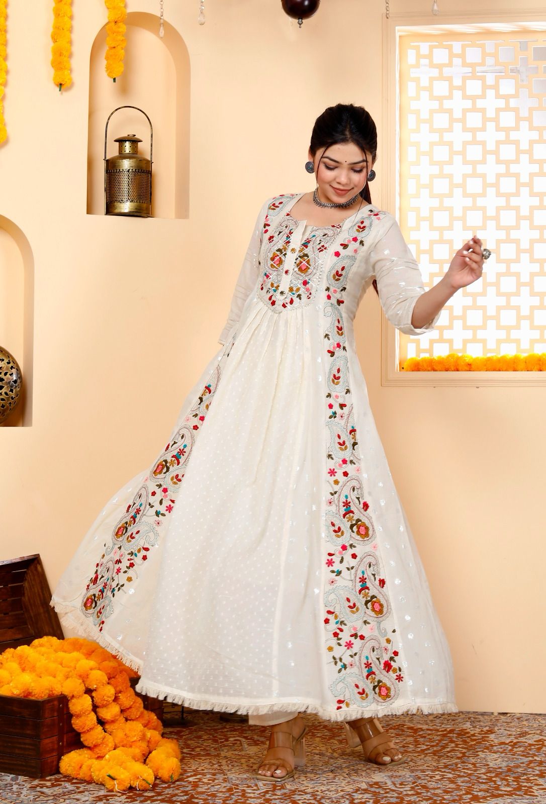 Embroidered Cotton Gown Kurta and Pant Set with Mulmul Dupatta