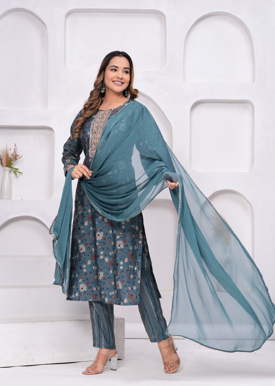 Dusty Blue Muslin Kurta and Pant Set with Georgette Dupatta