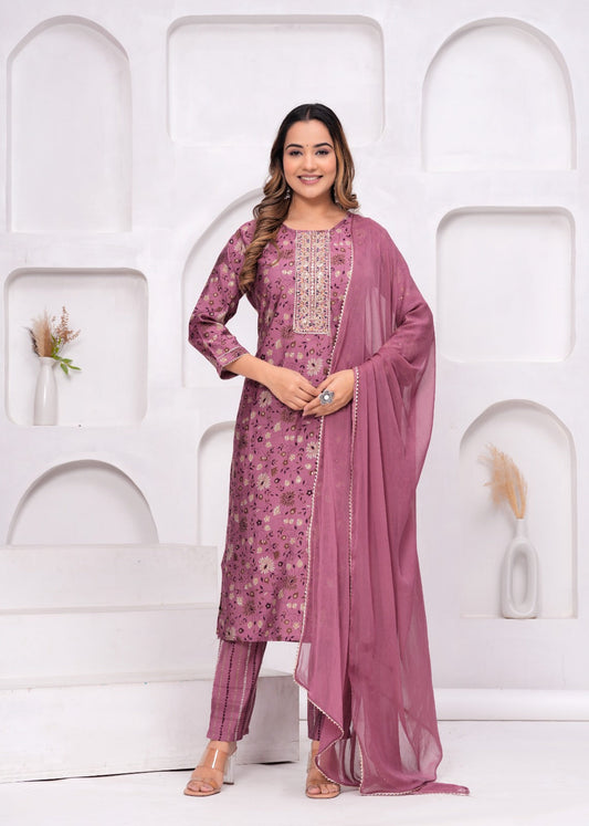 Tulip Pink Muslin Kurta and Pant Set with Georgette Dupatta