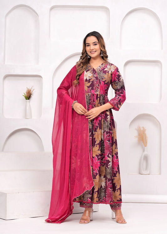 Floral Printed Muslin Anarkali Suit Set with Brick Red Georgette Dupatta