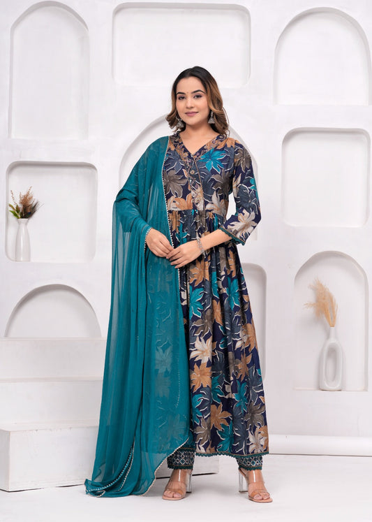 Floral Printed Muslin Anarkali Suit Set with Teal Blue Georgette Dupatta