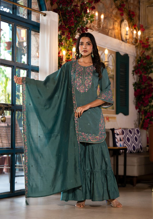 Heavy Embroidered Russian Silk Short Kurti with Sharara and Dupatta