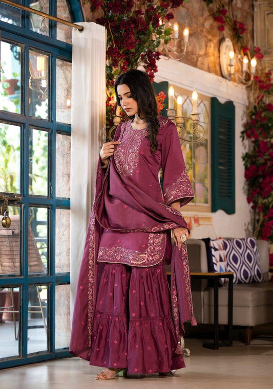 Heavy Embroidered Wine Russian Silk Short Kurti with Sharara and Dupatta