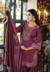 Heavy Embroidered Wine Russian Silk Short Kurti with Sharara and Dupatta