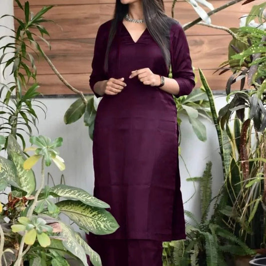 Wine Viscose Rayon Kurta And Pant with Double Pocket