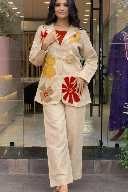 Beige Floral Applique Blazer Co-ord Set (Jacket,Inner & Pants)