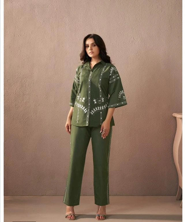 Olive Green Tribal Embroidered Co-ord Set