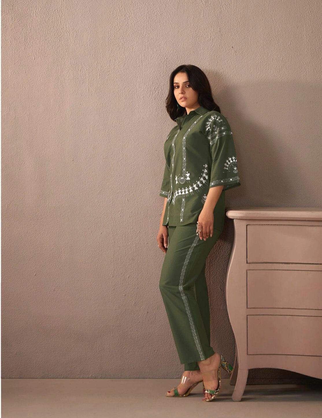 Olive Green Tribal Embroidered Co-ord Set