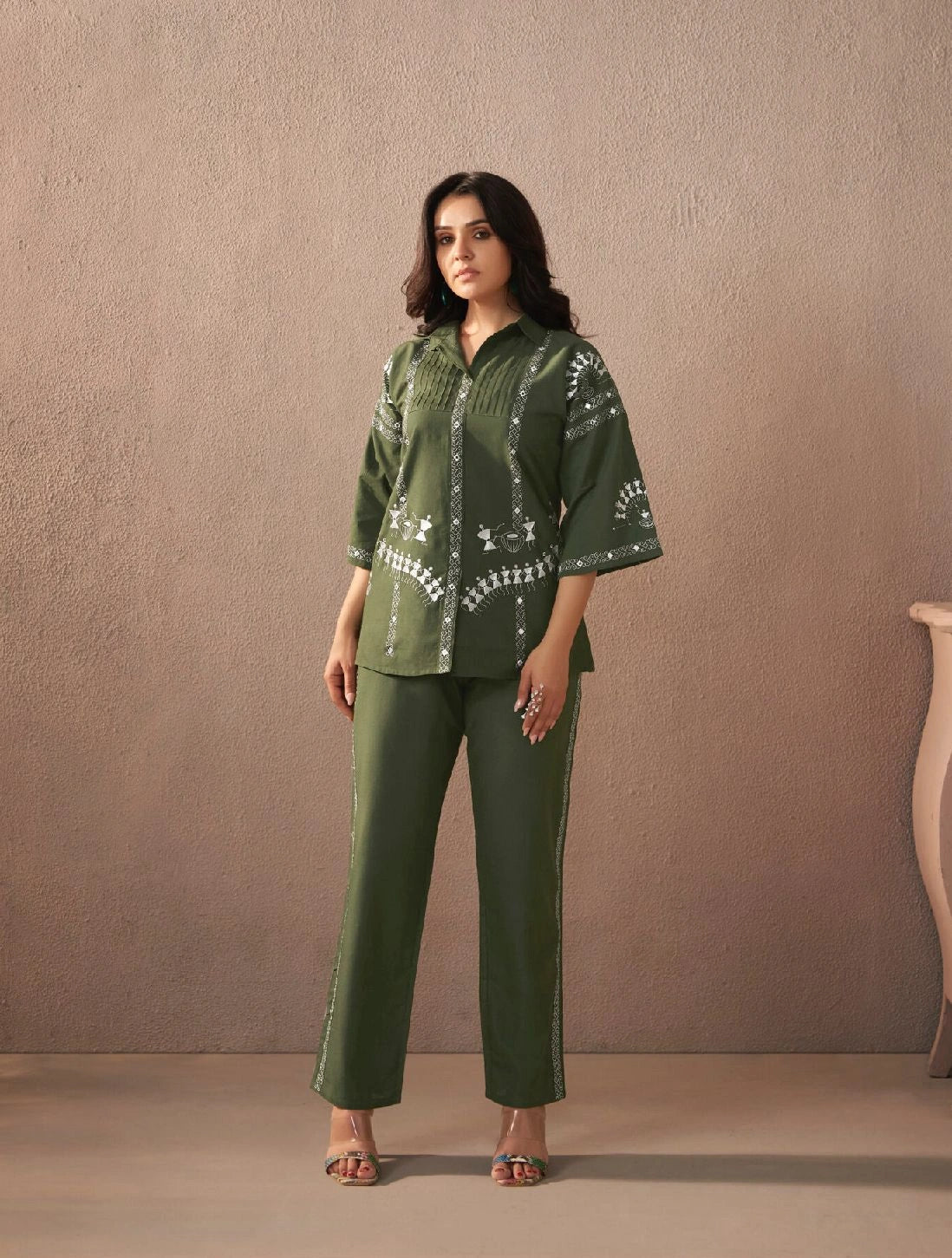 Olive Green Tribal Embroidered Co-ord Set