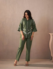 Olive Green Tribal Embroidered Co-ord Set