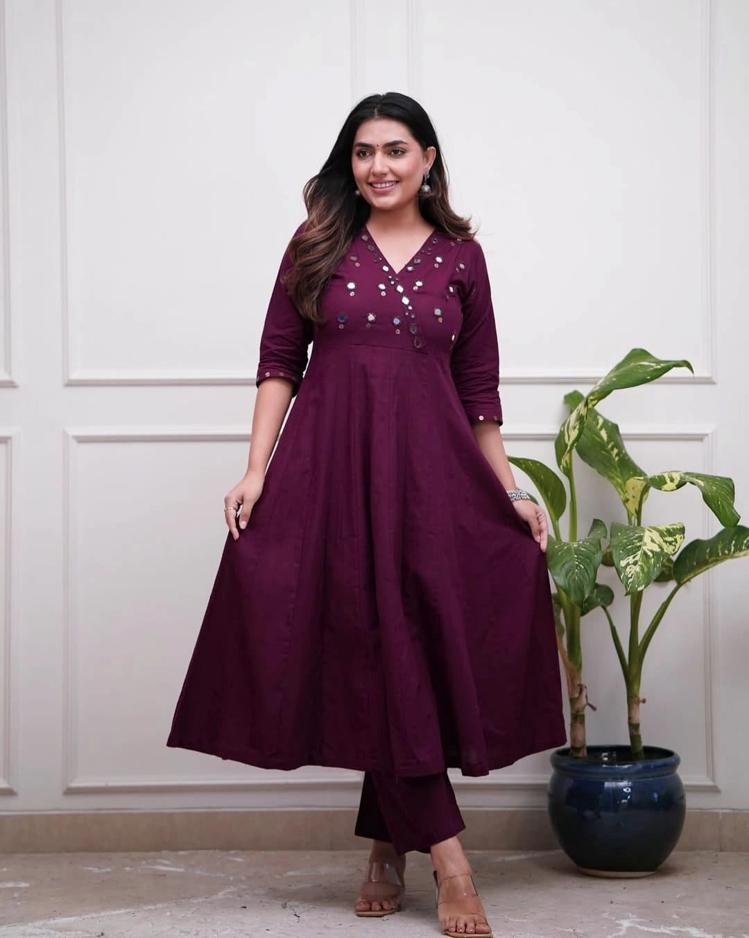 Deep Wine Mirror Work Anarkali Kurta Set