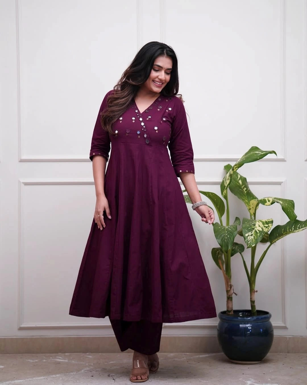 Deep Wine Mirror Work Anarkali Kurta Set