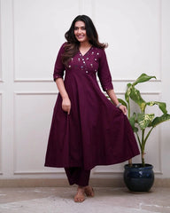 Deep Wine Mirror Work Anarkali Kurta Set
