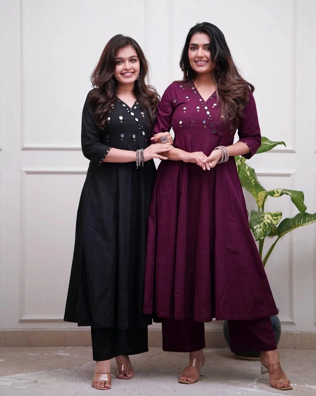 Deep Wine Mirror Work Anarkali Kurta Set