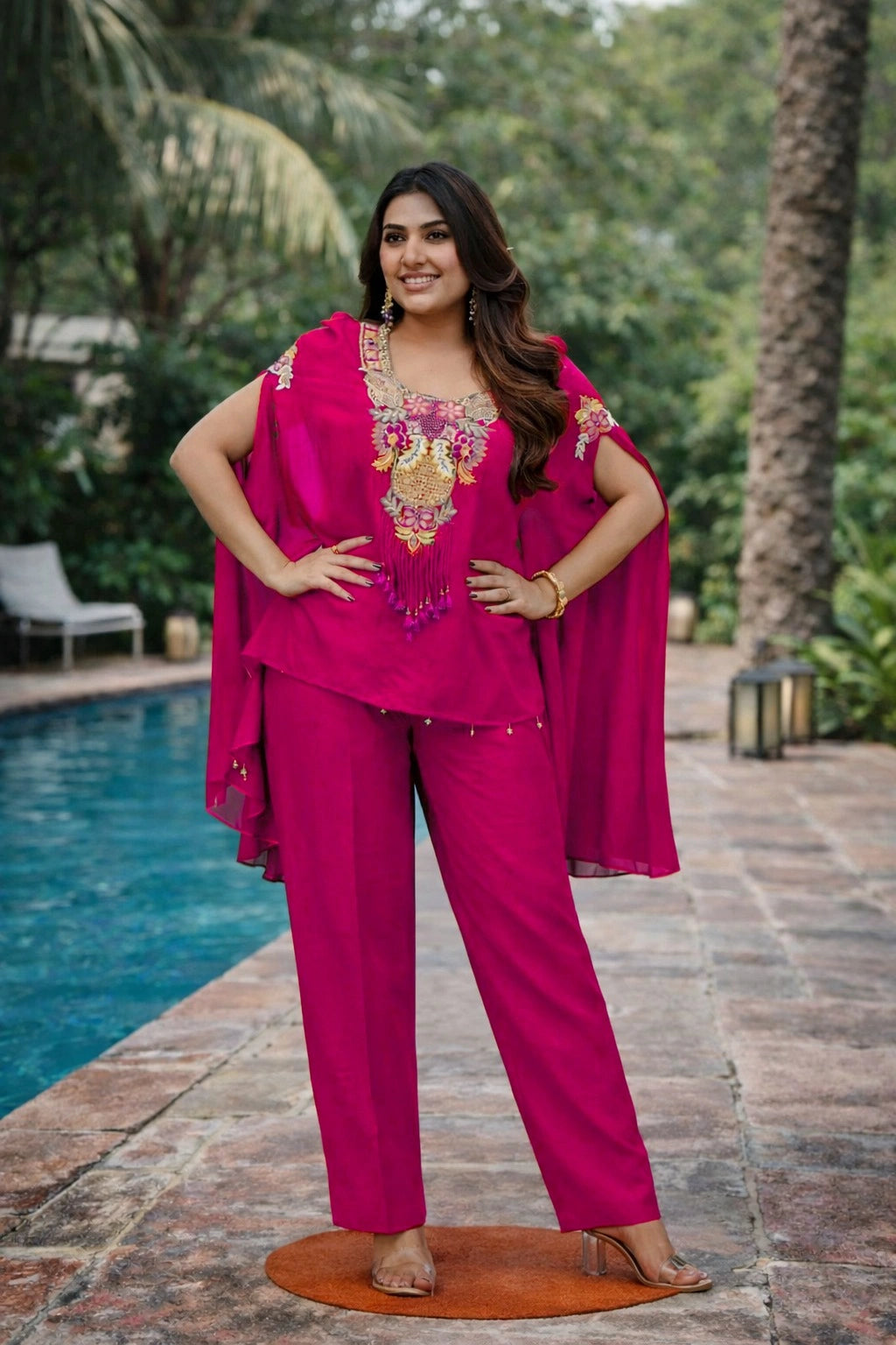 Hot Pink Embroidered Cape Top Co-ord Set