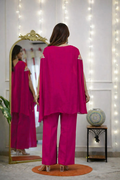 Hot Pink Embroidered Cape Top Co-ord Set