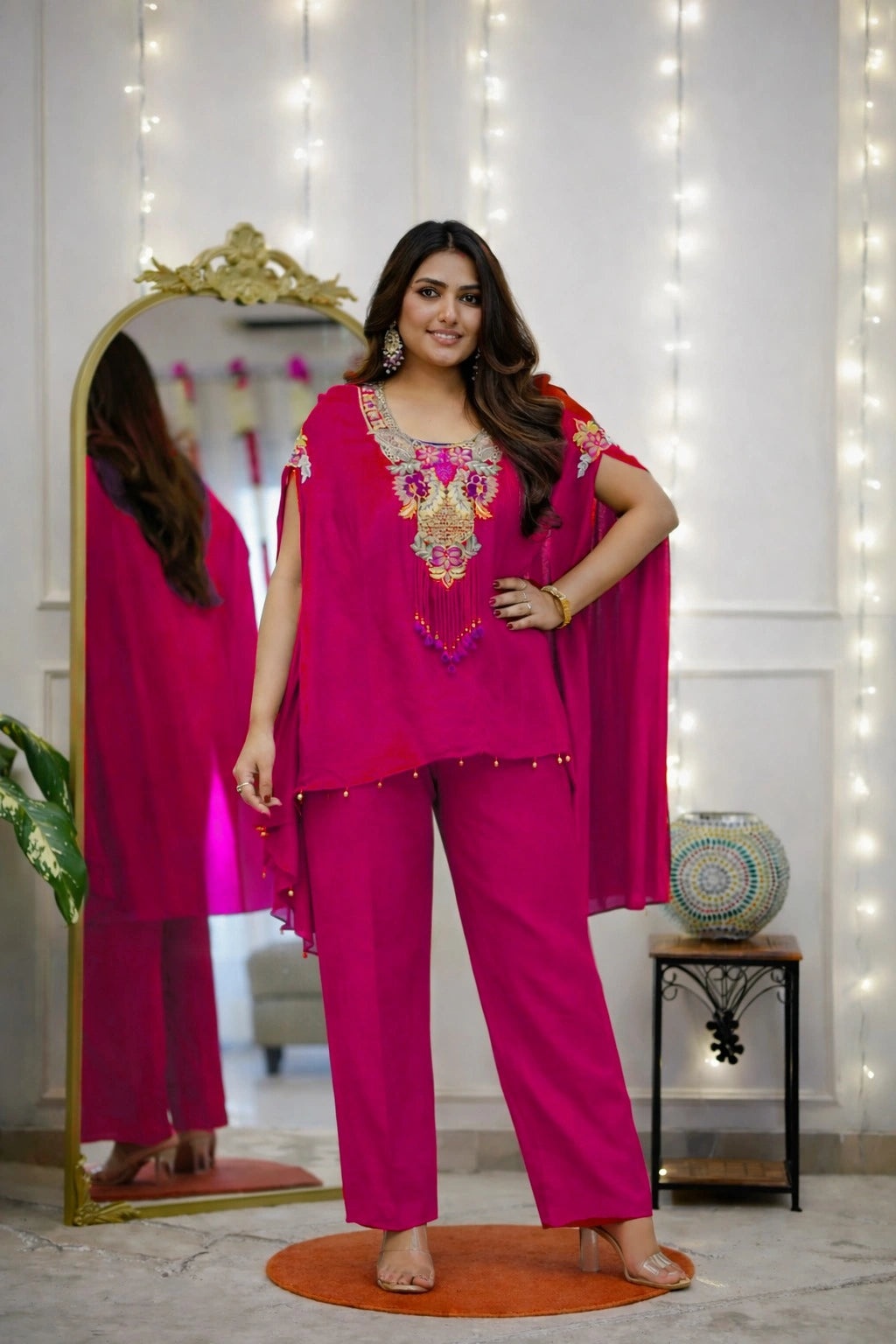 Hot Pink Embroidered Cape Top Co-ord Set