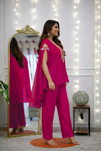 Hot Pink Embroidered Cape Top Co-ord Set
