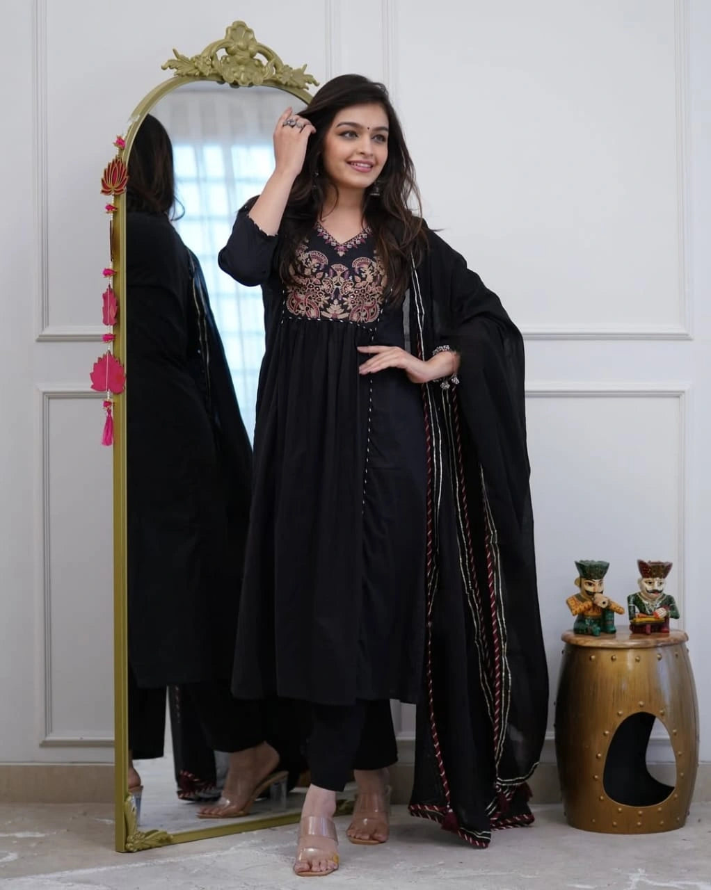 Black Thread Embroidered Anarkali Set with Bordered Dupatta