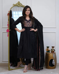 Black Thread Embroidered Anarkali Set with Bordered Dupatta