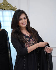 Black Thread Embroidered Anarkali Set with Bordered Dupatta