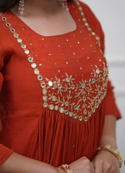 Rust Orange Mirror Work Anarkali Kurta Set