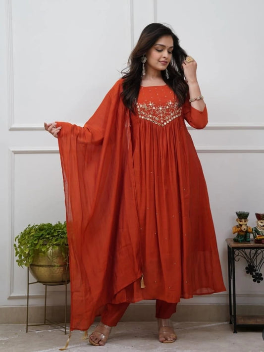 Rust Orange Mirror Work Anarkali Kurta Set