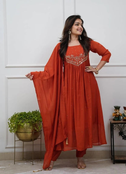 Rust Orange Mirror Work Anarkali Kurta Set
