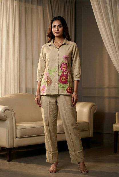 Beige Floral Embroidered Shirt & Pant Co-ord Set