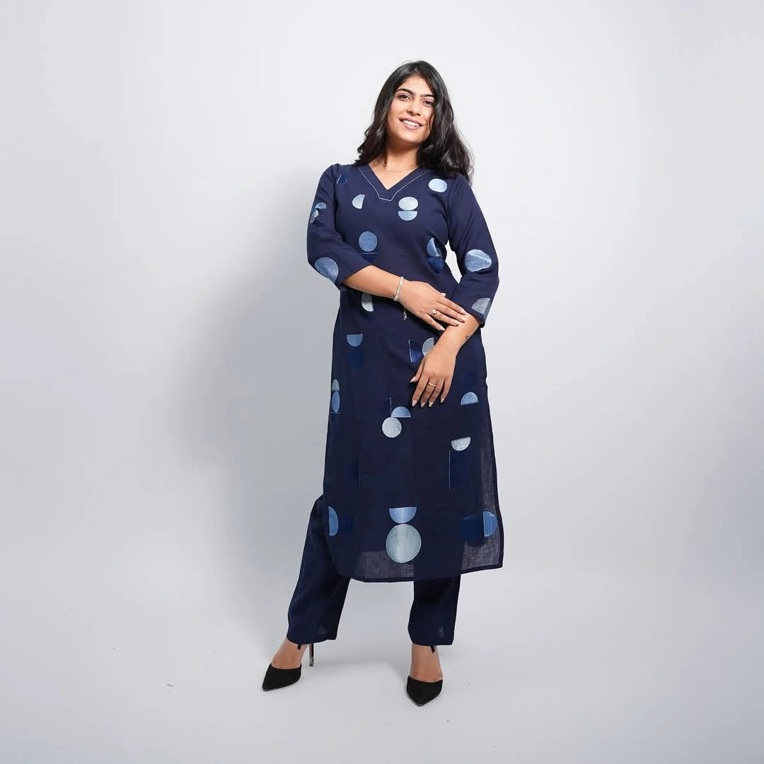 Navy Blue Geometric Print Straight Kurta Set
