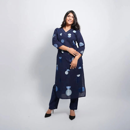 Navy Blue Geometric Print Straight Kurta Set