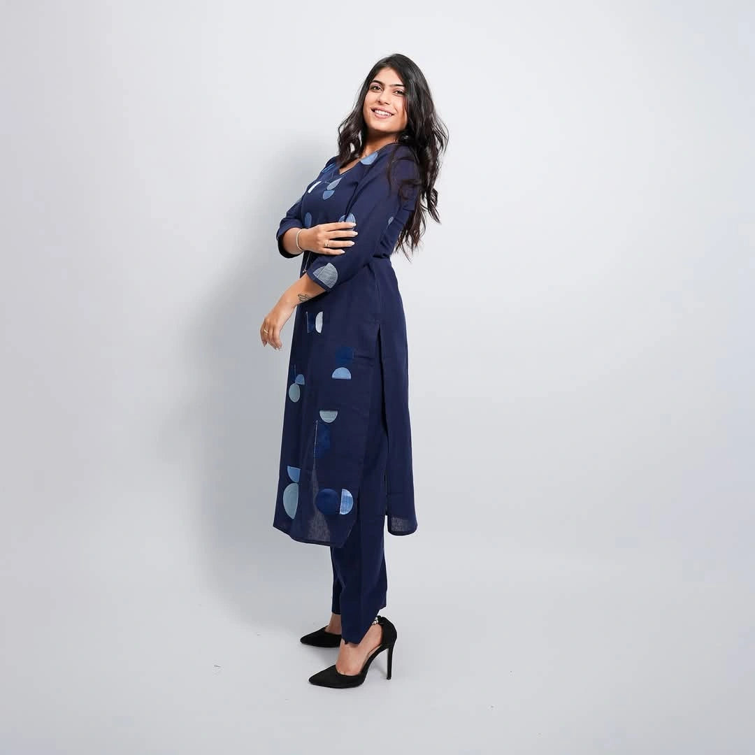 Navy Blue Geometric Print Straight Kurta Set