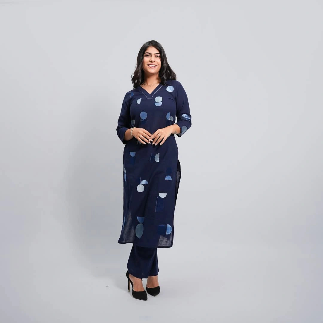 Navy Blue Geometric Print Straight Kurta Set