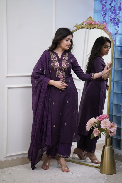 Deep Purple Floral Thread Embroidered Straight Kurta Set (3-Piece)