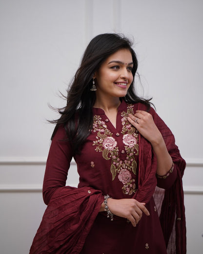 Maroon Floral Thread Embroidered Straight Kurta Set (3-Piece)