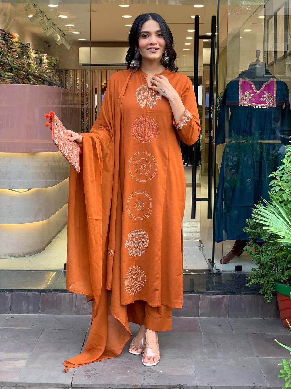 Rust Orange Geometric Thread Embroidered Straight Kurta Set