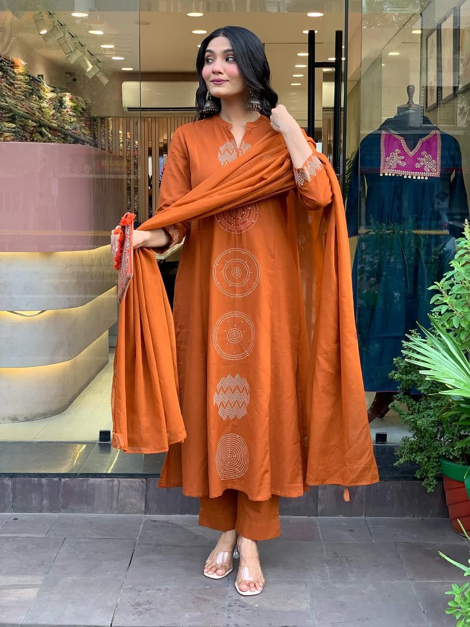 Rust Orange Geometric Thread Embroidered Straight Kurta Set