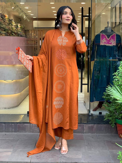 Rust Orange Geometric Thread Embroidered Straight Kurta Set