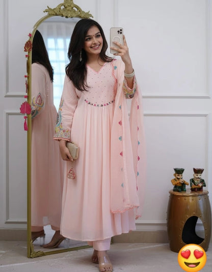 Pastel Pink Anarkali Set with Embroidered Sleeves & Scalloped Dupatta